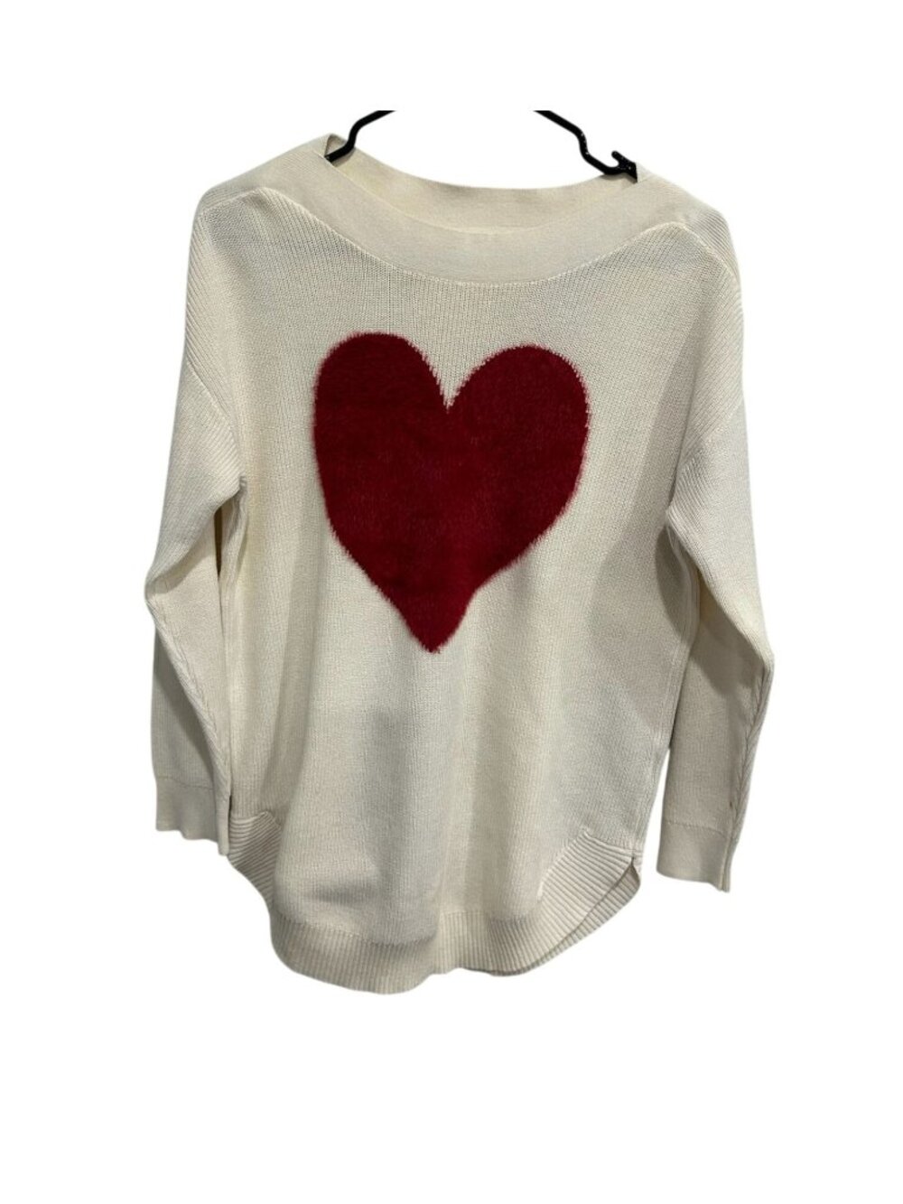 Song N Spirit Large Cream Red Heart Patch Knit Sweater Cotton Soft Girl Cozycore